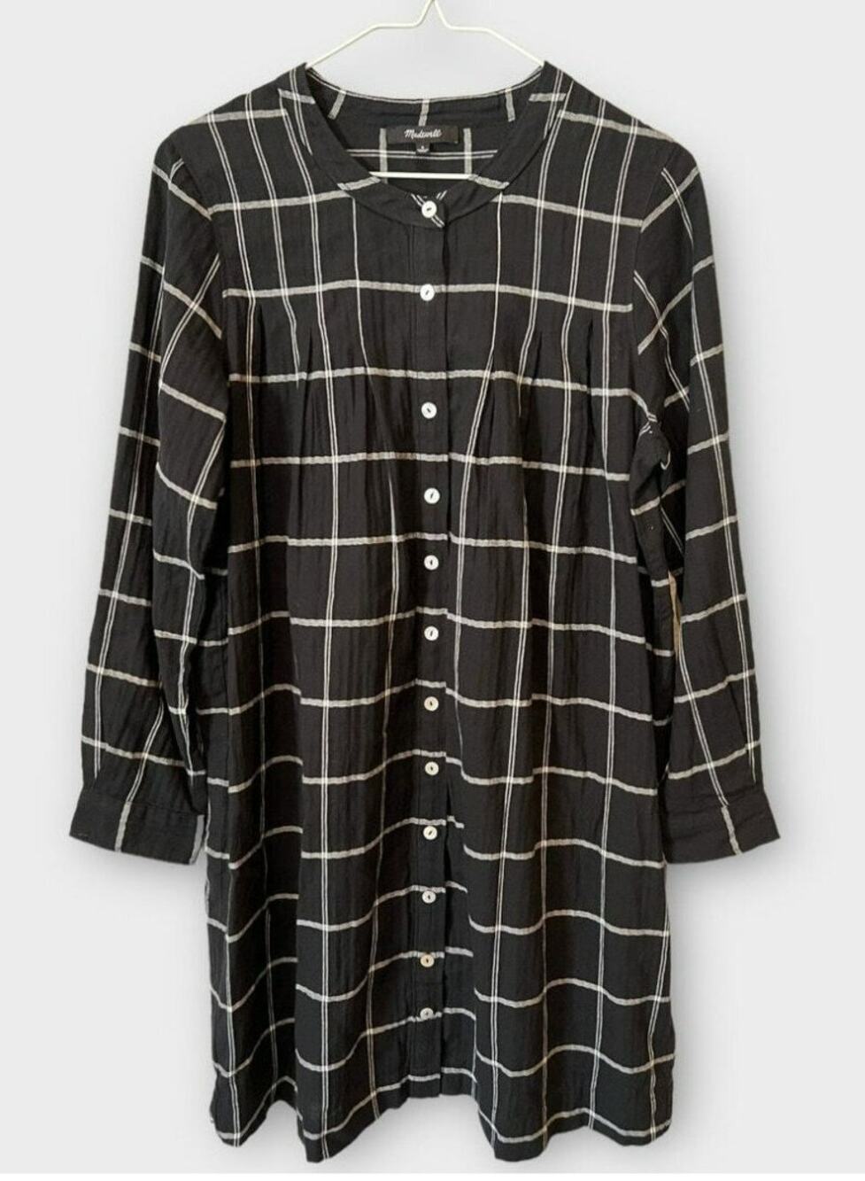 Madewell XS Flannel Shirtdress Black White Windowpane Plaid Casual Mini Grunge
